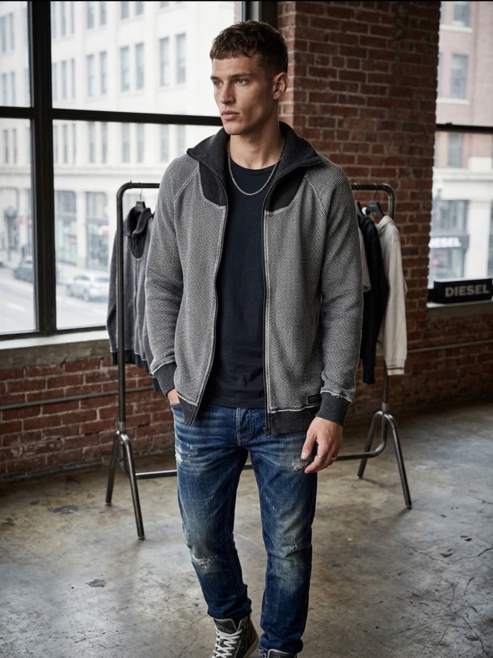 Diesel Industry Mens Medium Thermal Knit Full Zip Cardigan Sweater Grey Y2K